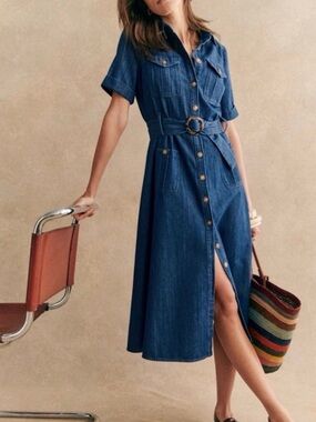 Sezane Racquel  Belted Shirt Midi Dress Deep Blue size 38